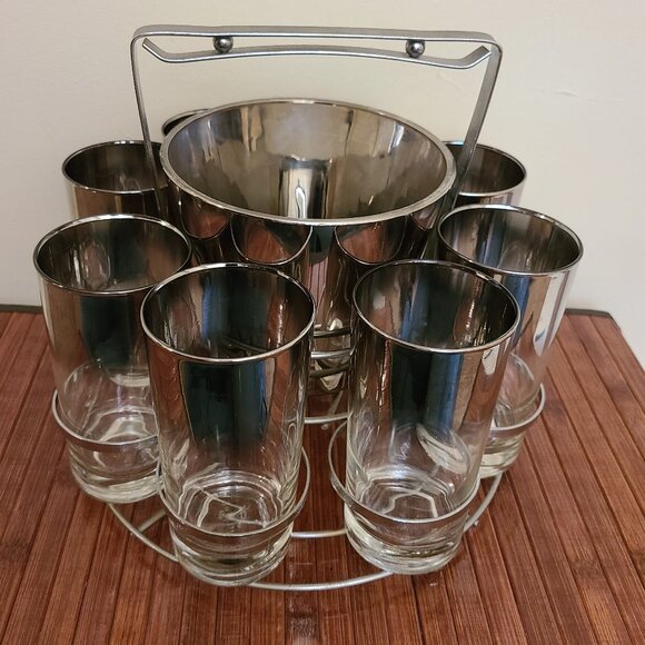 Other - MCM Dorothy Thorpe Style Silver Fade Cocktail (8) Glasses/ Caddy/ Ice Bucket